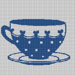May include: A blue and white teacup and saucer design. The teacup has a dotted pattern and heart-shaped details on the rim. The design is set against a grid background, creating a pixelated effect, suitable for cross-stitch or embroidery.