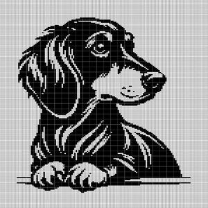 May include: Black and white illustration of a dachshund dog looking to the right. The dog is sitting with its front paws resting on a surface.