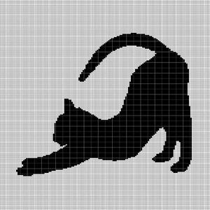 May include: A black cat silhouette stretching, set against a grid background. The cat is arched, with one paw extended and the tail curved. The design is simple and graphic, suitable for various applications.