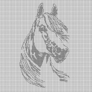May include: A grayscale pixel art image of a horse's head and neck, facing right. The horse's mane and facial features are detailed with varying shades of gray, creating a textured effect. The background is a grid pattern.