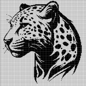 May include: Black and white pixel art illustration of a jaguar's head in profile. The jaguar's face is detailed with spots and whiskers, set against a grid background. The design is a bold, graphic representation of the animal.