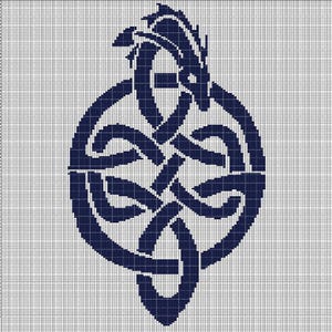May include: A navy blue Celtic knot design featuring a dragon's head at the top. The intricate knotwork is set against a white grid background. The design is symmetrical and appears to be a digital illustration.