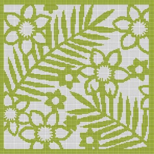 Könnte beinhalten: Ein quadratischer Stoff mit einem sich wiederholenden Blumen- und Blattmuster in Grün und Weiß. Das Design ist vor einem Gitterhintergrund angeordnet, was ihm ein strukturiertes Aussehen verleiht. Der Rand ist einfarbig grün.