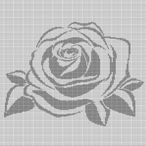 Könnte beinhalten: Ein schwarz-weißes Kreuzstichmuster einer einzelnen Rose mit Blättern.