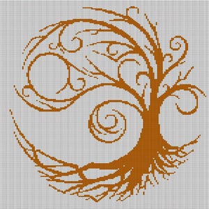 May include: A detailed illustration of a tree in a circle, rendered in shades of brown against a white grid background. The tree's branches and roots are intricately designed with swirling patterns.