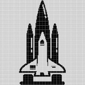 May include: Black and white pixel art illustration of a space shuttle. The shuttle is in a vertical position with the nose pointed upwards. The shuttle has three main sections, a large central section and two smaller side sections. The central section has a large window in the front and a smaller window on each side. The side sections have a smaller window on each side. The shuttle is sitting on a platform.