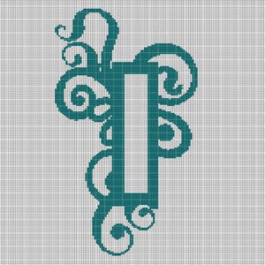May include: A teal cross-stitch pattern of the letter I, featuring decorative scrollwork and flourishes on a white grid background. The design is composed of individual square pixels, creating a structured and symmetrical typographic element.