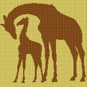 Puede incluir: Una silueta marrón de una jirafa y una jirafa bebé de pie una al lado de la otra sobre un fondo amarillo.