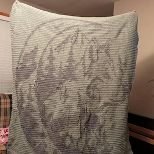 May include: A rectangular crochet blanket in a light sage green color featuring a large, dark gray crescent moon design integrated into the stitch pattern. The textile displays a consistent horizontal ribbed texture throughout the entire surface.