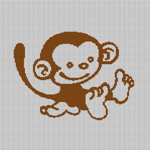 May include: A brown cartoon monkey illustration on a white grid background. The monkey is smiling and waving with its right hand. The monkey's tail is curled, and its ears are large and rounded.