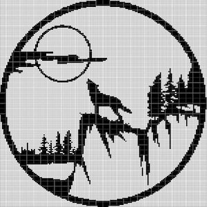 May include: Black and white cross-stitch pattern of a wolf howling at the moon in a woodland setting. The wolf is standing on a rock with trees behind it. The moon is full and round.