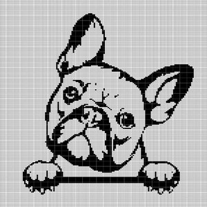 Può includere: Illustrazione in pixel art in bianco e nero di un bulldog francese che sporge da una superficie. Il cane ha grandi orecchie e un viso rugoso.