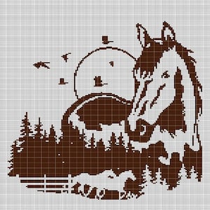 May include: A brown cross-stitch pattern of a horse's head with a full mane, standing in front of a forest and a full moon. The horse is facing the left side of the image.