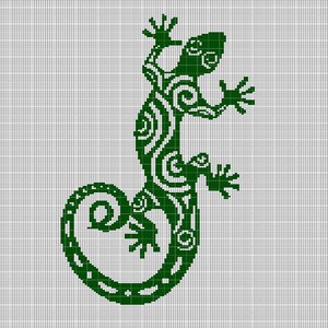 May include: Green patterned lizard cross stitch pattern. The lizard is facing right and has a curled tail.