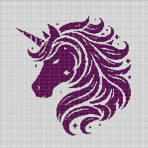 Puede incluir: Silueta morada de la cabeza de un unicornio con una melena y un cuerno que fluyen. El unicornio está rodeado de estrellas y lunas crecientes.