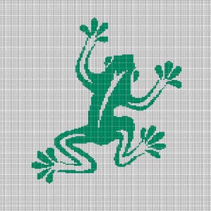 May include: A green frog illustration on a grid background. The frog is depicted in a stylized, geometric design, with outstretched limbs and a detailed body. The background is a grid of small squares.