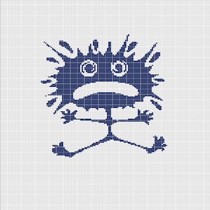 May include: A blue pixel art monster with a spiky head, large eyes, and a sad expression. The monster has two arms and two legs.