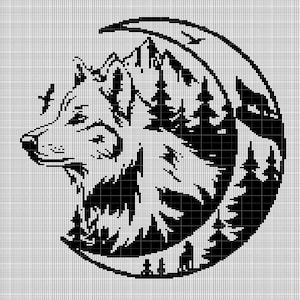 May include: Black and white cross-stitch pattern of a wolf's head inside a crescent moon with a forest scene behind it.