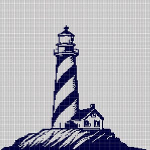 May include: A black and white pixel art image of a lighthouse with a striped tower and a small house next to it. The lighthouse is on a rocky cliff.