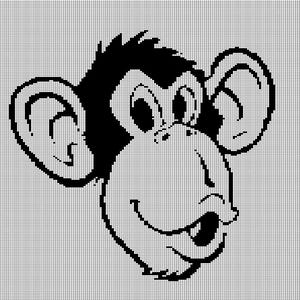 Puede incluir: Ilustración de dibujos animados en blanco y negro de la cara de un mono. El mono tiene ojos grandes, una boca muy abierta y orejas grandes. La imagen es un diseño pixelado.