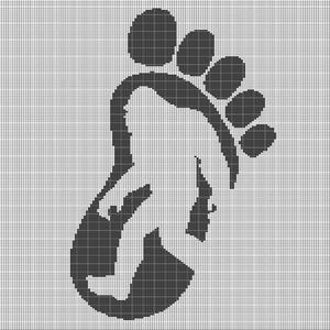 May include: A black and white graphic featuring a large footprint with a silhouette of a Bigfoot creature inside. The design is set against a grid background, creating a pixelated effect. The overall theme suggests a focus on cryptids or outdoor adventure.