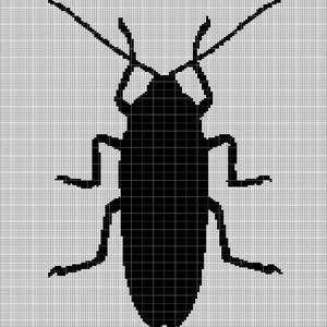 May include: A black insect silhouette against a grid background. The insect has a segmented body, six legs, and long antennae. The image is a simple, graphic representation, suitable for various design applications.