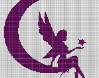 May include: A purple silhouette of a fairy on a crescent moon, holding a star. The fairy has large wings and is detailed with pixelated lines. The background is a grid pattern.