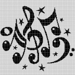 May include: A black and white design featuring musical notes and star shapes. The image includes treble and bass clef symbols, quaver notes, and starbursts, forming a musical composition.