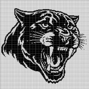 May include: Black and white pixel art illustration of a snarling tiger's head.