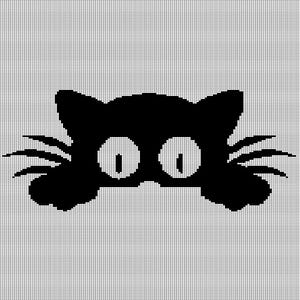 May include: A black cat silhouette with large white eyes and whiskers. The cat's head and paws are visible, creating a playful and curious expression. The image is a simple, graphic design.