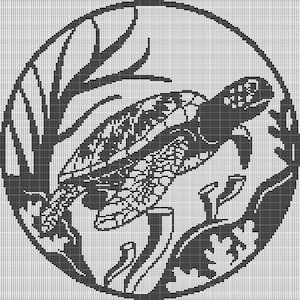 May include: A detailed black and white illustration of a sea turtle swimming in a circular frame. The turtle is surrounded by aquatic plants and coral. The design is intricate and suitable for various craft projects.