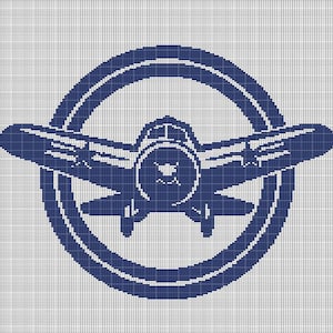 May include: A blue airplane silhouette inside a double circle, a vintage style design.