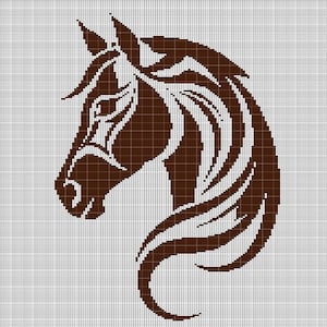 Puede incluir: Silueta de cabeza de caballo marrón con una melena estilizada y una cola fluida. El caballo está mirando hacia la izquierda y tiene un diseño simple y elegante.