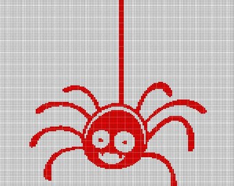 Op de afbeelding: Een rode cartoon-spin met een glimlachend gezicht hangt aan een web. De spin heeft acht poten en is getekend in een eenvoudige, kinderlijke stijl.