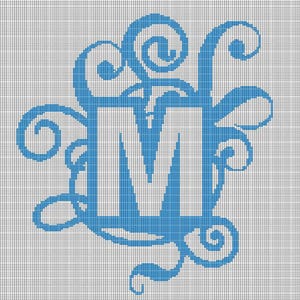 May include: A cross-stitch pattern featuring a large, bold, white capital letter M centred on a blue background. The letter is surrounded by intricate, swirling blue filigree designs, all set against a white grid background for needlework.