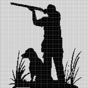 May include: Black and white silhouette of a hunter aiming a shotgun, with a dog sitting at the hunter's feet. The hunter is standing in tall grass. The image is a graphic design.