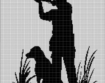 May include: Black and white silhouette of a hunter aiming a shotgun, with a dog sitting at the hunter's feet. The hunter is standing in tall grass. The image is a graphic design.