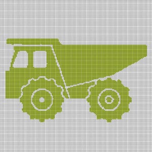 May include: A lime green dump truck illustration on a white grid background. The truck features large, detailed wheels and a sloped bed. The cab has two windows. The design is simple and graphic.