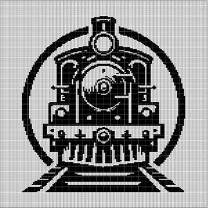 Puede incluir: Diseño de arte de píxeles en blanco y negro de una locomotora de vapor vintage con un círculo a su alrededor.