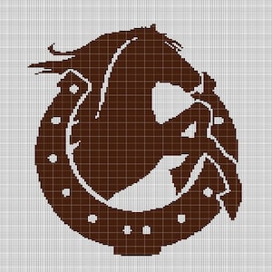 May include: Brown silhouette of a horse's head with a horseshoe around it.