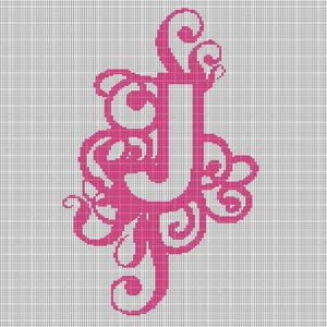 May include: A cross-stitch pattern featuring the letter J in a vibrant pink colour. The letter is surrounded by intricate, swirling decorative flourishes and ornate scrollwork, all rendered in a pixelated grid format on a light grey background.