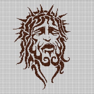 May include: A brown cross stitch pattern of a stylized image of Jesus Christ with a crown of thorns. The image is in a traditional style and features a detailed face with a sorrowful expression.