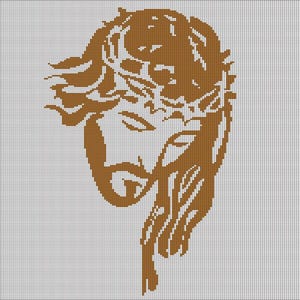 May include: A mosaic-style image of a face with a beard, long hair, and a crown of thorns. The image is rendered in shades of brown against a white background, creating a high-contrast, artistic effect. The subject's eyes are closed.