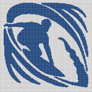 May include: Blue silhouette of a surfer riding a wave, with white lines representing the water. The image is pixelated, resembling a cross-stitch pattern.