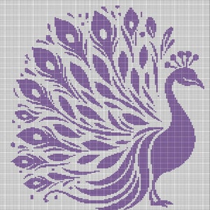 May include: Purple cross-stitch pattern of a peacock with its tail feathers spread out.