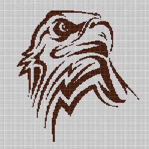 May include: A brown and white graphic of an eagle's head in profile, facing right. The eagle's eye is detailed with a dark brown pupil. The feathers are depicted with a series of brown lines, creating a textured effect. The background is a grid pattern.