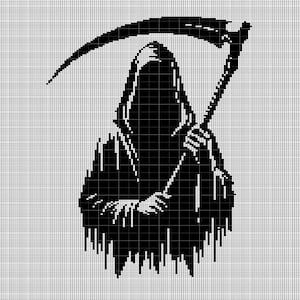 May include: Black and white pixel art image of the Grim Reaper holding a scythe. The Grim Reaper is wearing a hooded robe and has a skeletal face.