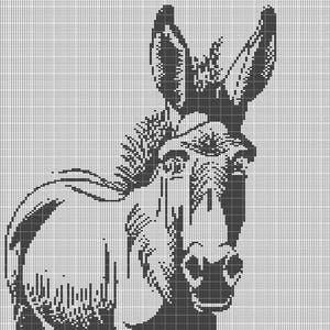 May include: Black and white pixel art illustration of a donkey's head. The donkey has large ears and a long snout.