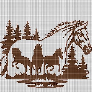Paesaggio con cavalli all&#39;uncinetto schema grafico afgano