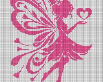May include: A pink pixelated image of a fairy holding a heart. The fairy has large, detailed wings and is wearing a dress. The image is set against a white grid background.